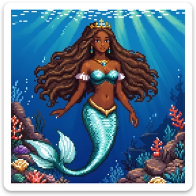 Dark brown skin mermaid princess with long flowing hair and royal accessories in deep blue ocean sticker
