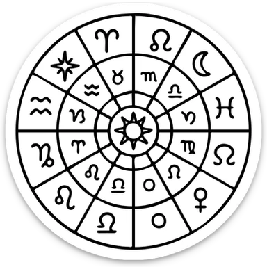 vintage astrology natal chart icon with intricate celestial symbols, mystical, ornate, zodiac constellations, outline style sticker