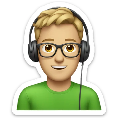 white guy with light brown hair square glasses blue eyes wearing green t-shirt with laptop and headphones sticker