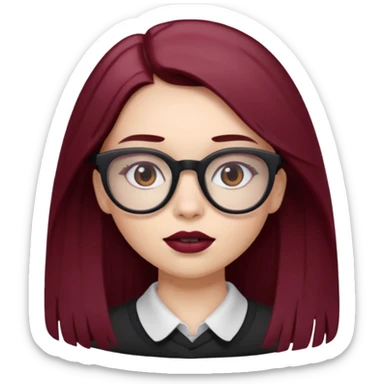 white-skinned girl with long brown hair showing maroon under hair, brown glasses, brown lipstick sticker