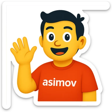 Convert the image of an office worker wearing a red 'asimov' t-shirt saying hello into a simple and expressive apple style emoji with a transparent background. Focus on capturing the essence of the office worker and the red 'asimov' t-shirt in the emoji style. sticker