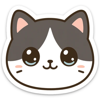 tuxedo cat face, cute and round, big eyes, kawaii style sticker