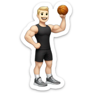 Joyful Celebrating victory Pale skinned Fit Man With the biceps and dark brown hair in black shirt, gray sports shorts and white Sneakers sticker