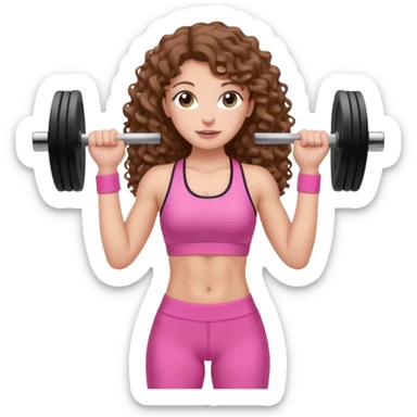 pale white girl with long brown curly hair weight training pink sticker
