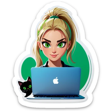 Blonde woman ponytail green eyes with cat and MacBook sticker