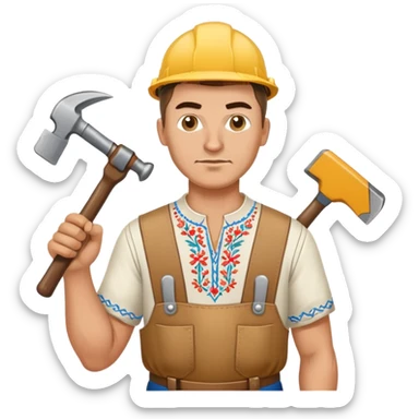 Ukrainian man wearing traditional embroidered vyshyvanka shirt holding construction tools like hammer and wrench sticker