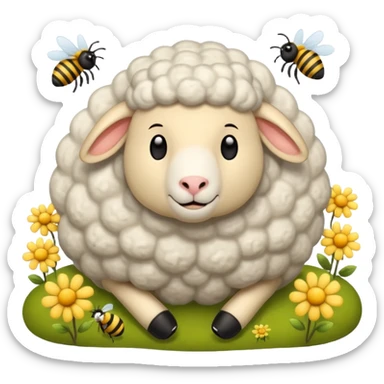 sleepy sheep in the field and a bee sticker