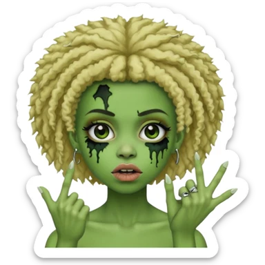 girl, green zombie,blonde afro, medium long, shaggy, dark, spooky,double eyebrow dermal piercing, two fingers up sticker