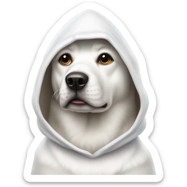 A dog that is all white with a hood sticker