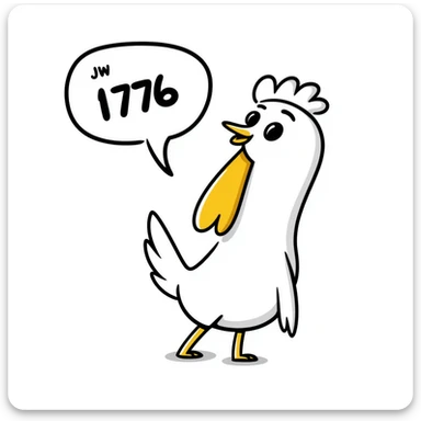 shouting yellow long neck chicken with a funny expression, 'JW 1776' in a speech bubble sticker