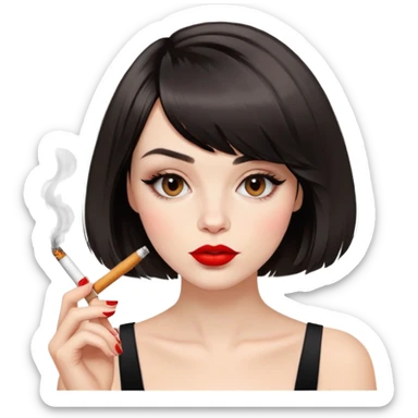 Alluring French girl french bob haircut tousled hair red lips and cigarette sticker