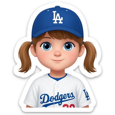 toddler girl in a white dodgers uniform with baseball cap with light brown pigtails and blue eyes sticker
