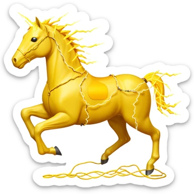 A yellow horse made entirely of crackling electricity, with visible yellow wires, lightning bolts shooting off its body, and a dynamic galloping pose. sticker