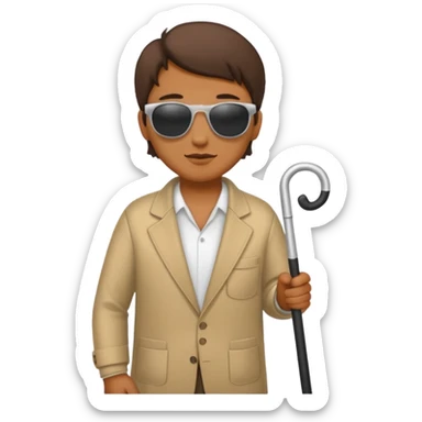 A blind person wearing sunglasses and holding a guide cane sticker