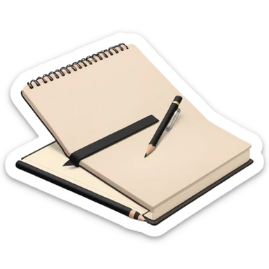 "Aesthetic emoji of a simple sketchbook with a light beige cover, a black spiral binding, and a wooden pencil resting diagonally, minimal yet elegant." sticker