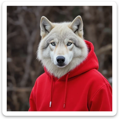 white wolf dressed in a red hoodie, photorealistic fur texture, modern illustration sticker