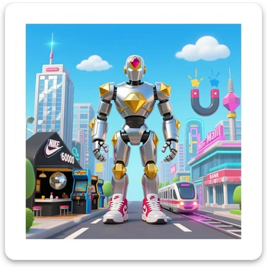 Futuristic turbo neon super robot metal  golden diamond Ruby 6000 Nike shoes hotel super 50000 metallic silver mirror basic black restaurant disco ball arcade playground lucky machine turbo max level inf mall bank light magnet magic city train sticker