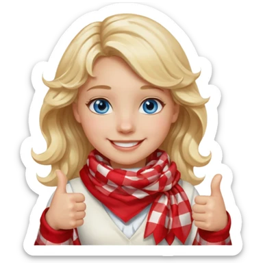 Blonde Girl Model, Blue Eyes, wavy hair, smiling, thumbs up, wearing red Checkered Triangle scarf, white dress sticker