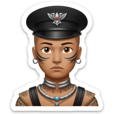 tatooed soldier on neck and face, tribal ancient sticker