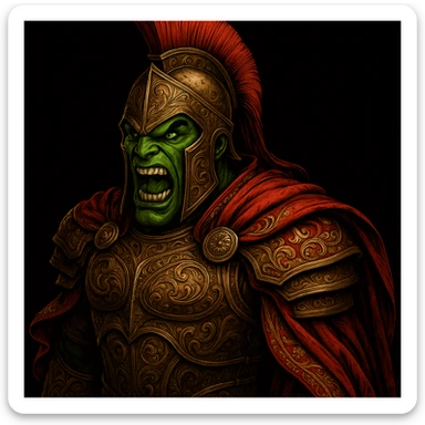 Add more detailed and ornate Spartan armor, including a richly decorated red cape and metallic elements, while keeping the Mask's fierce expression. sticker