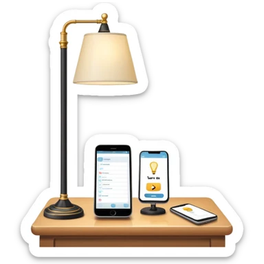 smartphone in foreground showing a quiz interface, with a floor lamp protruding from behind the phone sticker