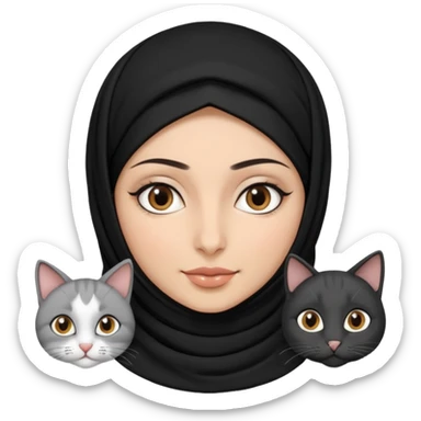 A Arabic woman human with brown eyes and black hijab. and three cats, two cats black and white and one grey cat  sticker