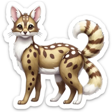 Colorful dark realistic chocolate-brown tropical beige fur glorious divine exotic cute cool beautiful shiny beautiful fantasy-Furret-Eevee-caracal-civet-genet-sergal-vernid-Cacomistle-oncilla-animal-Fakémon-hybrid-fursona with white deer-spots pattern markings (full body) sticker