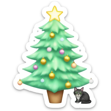 pastel green christmas tree with lights and cat on the star sticker