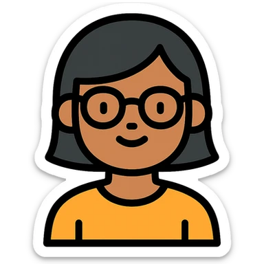 Asian girl with tan skin, short black hair, and glasses, color outline icon sticker