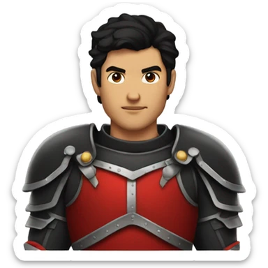 Tanned man with black hair and stern face wearing red and black armour vintage sticker