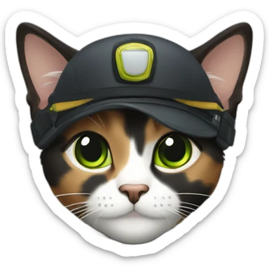 black, brown and grey calico cat without any white and with green eyes dressed as a pilot sticker