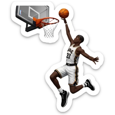An icon showing a close-up of a basketball player in mid-air, performing an impressive dunk, inspired by NBA 2K25. The player is focused, with the ball in hand and the court in the background. Bright lights emphasize the action and excitement. Transparent background. sticker