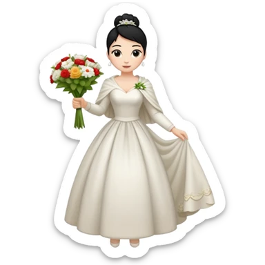 Chica blanca,cuerpo entero, vestido boda ,manga larga ,con estola, pelo negro,    ramo de flores una mano, pelo recogido en moño alto sticker