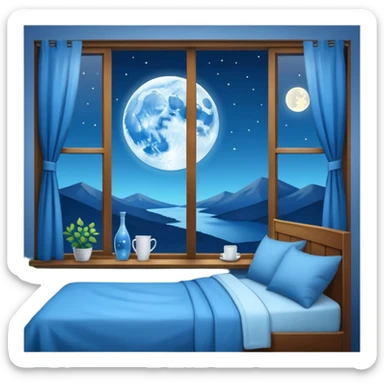 cozy blue apartment interior with a window showing the moon sticker