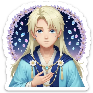 Beautiful gorgeous blushing blue-eyed youthful handsome anime guy with beautiful iridescent-pastel-whitish-special-medium-long-hair, fashion aesthetic, ethereal, fairycore, pastelcore, flower petals, crystals, layered robes, accessories, jewelries, gold, colorful, shiny, trending style, outside sticker