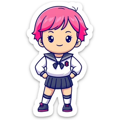 Anime girl with short bright pink hair wearing Japanese sailor style school uniform, confident pose with hand on hip and bright cheerful grin, excited and happy sticker