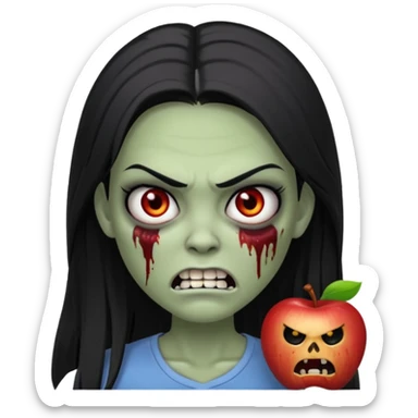 девушка зомби с темными длинными прямыми волосами, с черными макияжем глаз, тонкими бровями, со злым выражением лица и ровными белыми зубами в стиле Apple avatar sticker