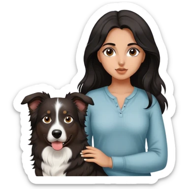 latina girl with long beautiful dark hair and dark brown eyes with a black tri Australian shepherd large sticker