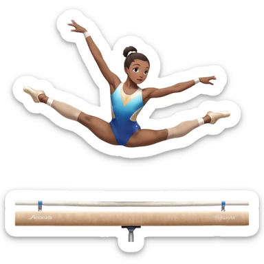 An acrobat performing a dynamic move on the balance beam, rings, or parallel bars, showcasing strength and precision. The acrobat is in mid-action, gracefully balanced, with a focused expression. The background features a professional gymnastics gym with bright lights and a cheering crowd sticker