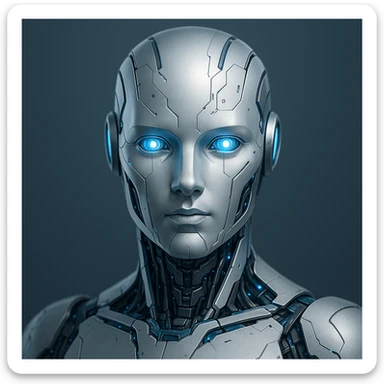 AI robot headshot, clean and futuristic, digital art style sticker