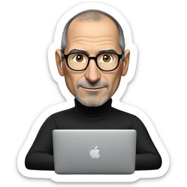 Steve Jobs wearing a black turtleneck using a MacBook. facing forward sticker