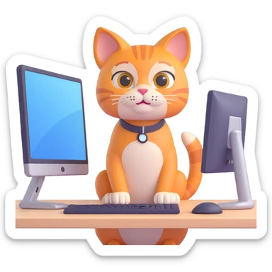 IT cat sitting at a desk with monitors, professional tech look sticker