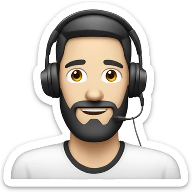 white guy with nose above average with black hair and beard with laptop and headset sticker