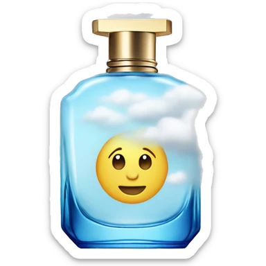 blue sky perfume bottle with large white cloud display sticker