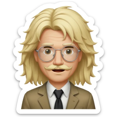 slender man with Joe Dirt-style frizzy blonde wig, rose glasses without lenses, thin scruffy beard and mustache, winking sticker