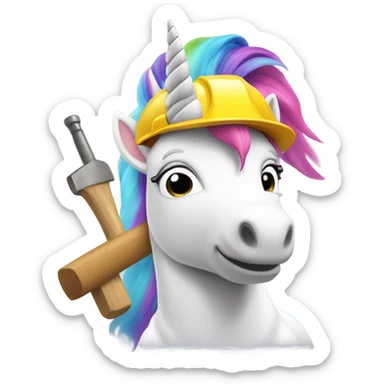 white unicorn with rainbow hair wearing a construction worker hat and holding a hammer sticker