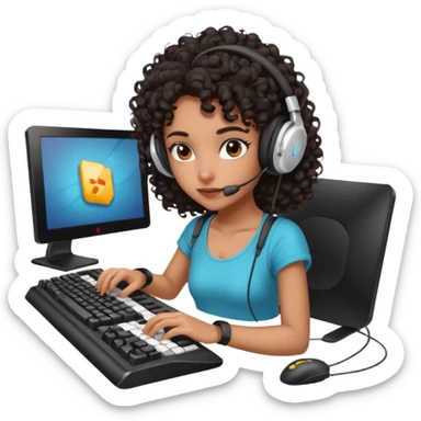 Dark Spanish girl with dark curly hair, wearing a gaming headset and playing with keyboard and mouse   sticker