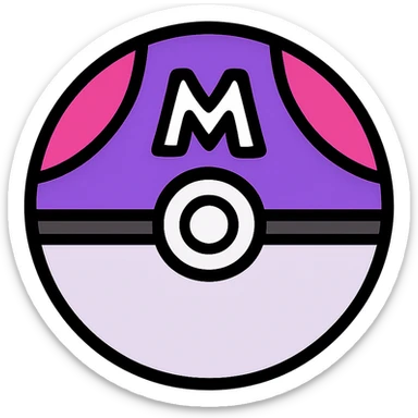 Master Ball from Pokémon, modern icon style, clean lines, bold colors, simple and recognizable, purple and pink color scheme, white 'M' on top, transparent background sticker