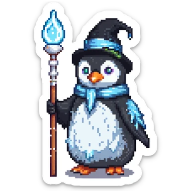 penguin wizard with ice staff casting frost sticker