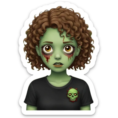 Zombie girl emoji verde com cabelo curto cacheado castanho no ombro com uma blusa preta sticker